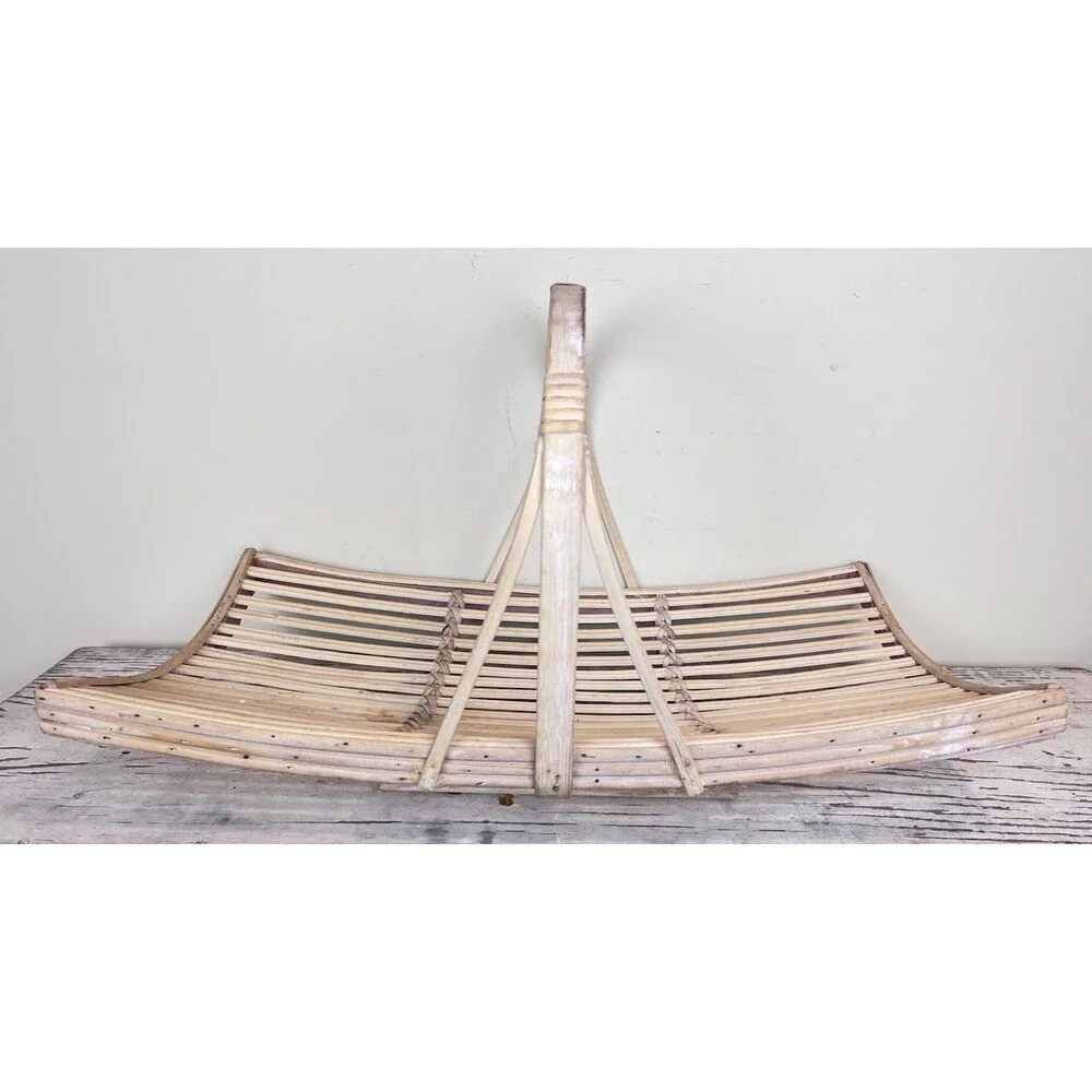 Vintage White Washed Bent Bamboo Garden Trug Handled Flower Basket 20”